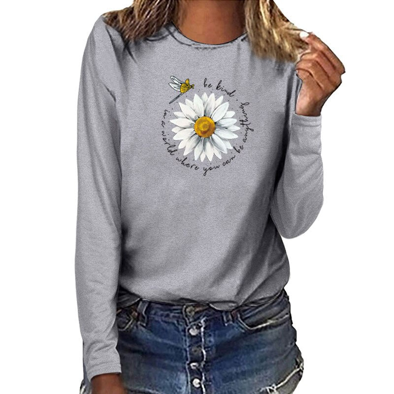 Daisy Dragonfly Be Kind Print Long Sleeve T-shirts Women Autumn Winter Aesthetic Clothes White Crew Neck Tops for Women Ladies