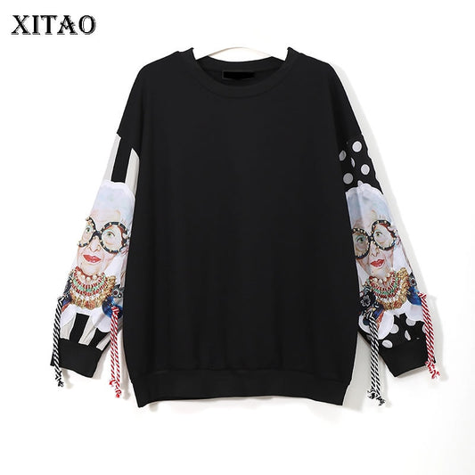 Black Long Sleeve Sweatshirts Women Patchwork Print Tassel