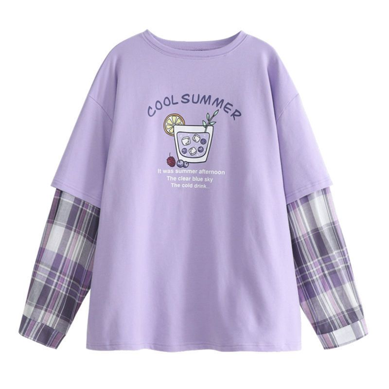 Long-sleeved fake two-piece iris purple T-shirt women's