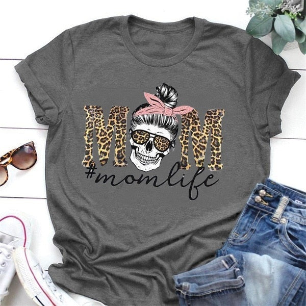 Leopard Skull Head Mom Life Print Women Short Sleeve O Neck