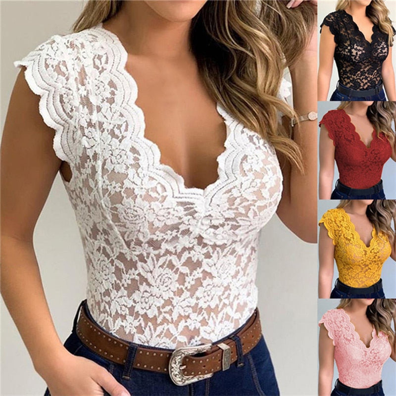 New Women Slim Tunic Lace V Neck T-shirt 2021 Sexy Elegant Summer Short Sleeve T Shirt Lace Flower Plus Size Tops T-shirts