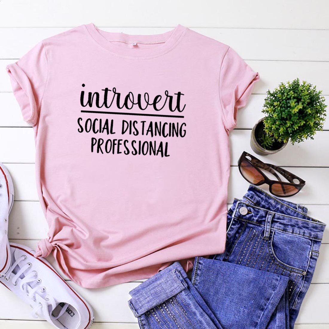 Introvert Social Distancing T Shirts Women Cotton Short