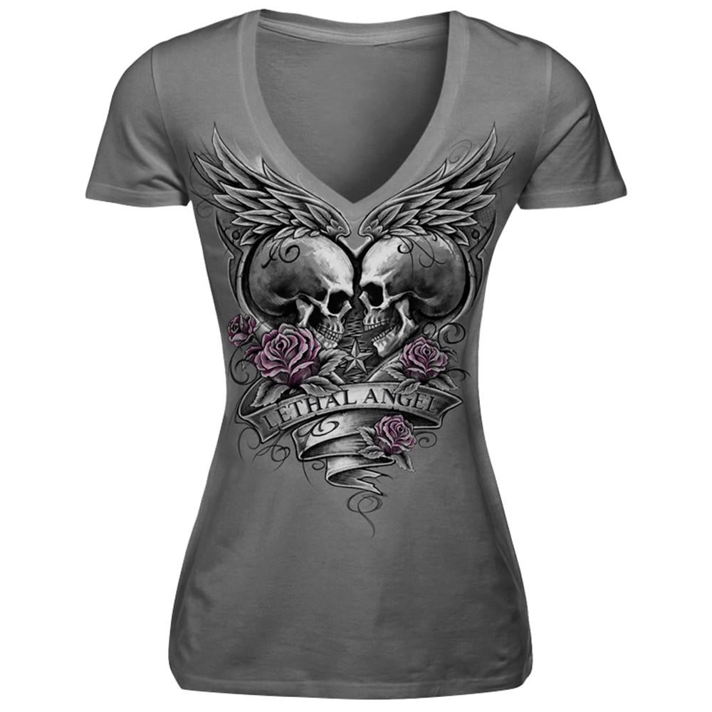 Free Shipping T-shirt Women Casual Comfortable V-neck Shirts Women Top Tees Red Mouth Black Skull Prints Short Sleeve