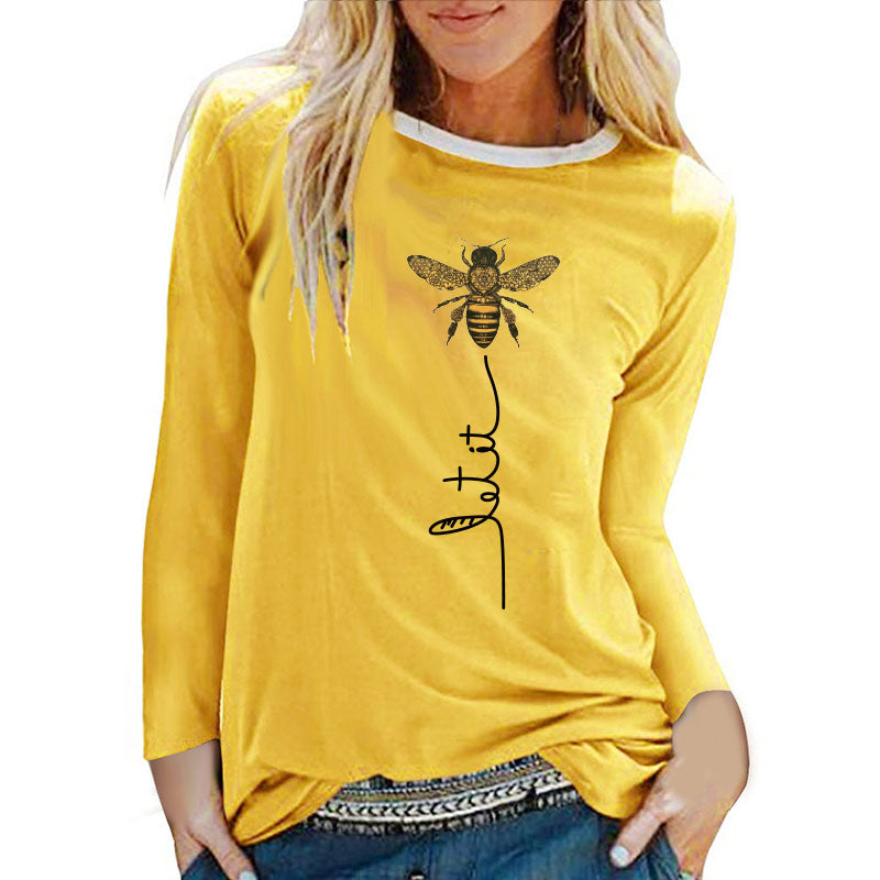 Bee Printing T-shirts Women Long Sleeve Graphic Tees Streetwear White Round Neck Aesthetic Clothes Fashion Tops for Women Ladies