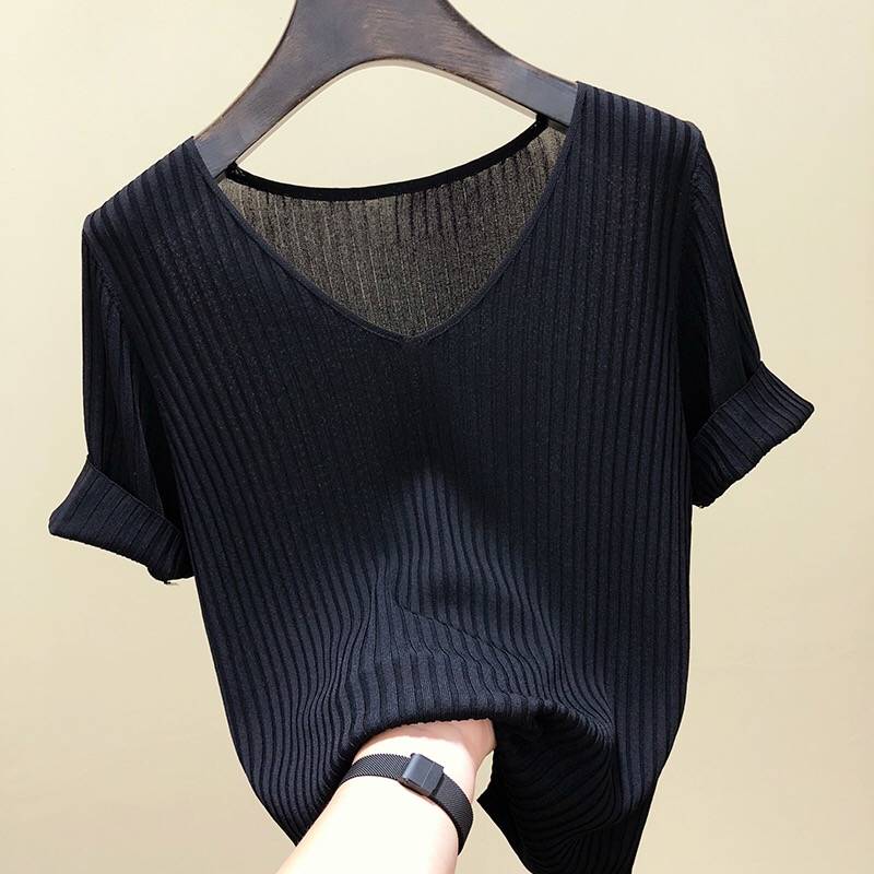 Knitted Short Sleeve Women V-Neck T Shirts Blue Loose Black