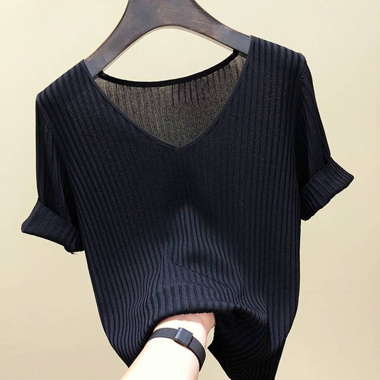 Knitted Short Sleeve Women V-Neck T Shirts Blue Loose Black