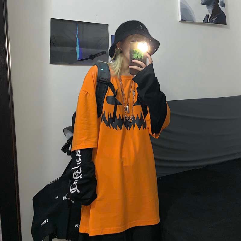 NiceMix Harajuku pumpkin Print letter T shirt Fake 2 Pieces Patchwork Casual Long Sleeve T-shirt Women And Men Streetwear Tops