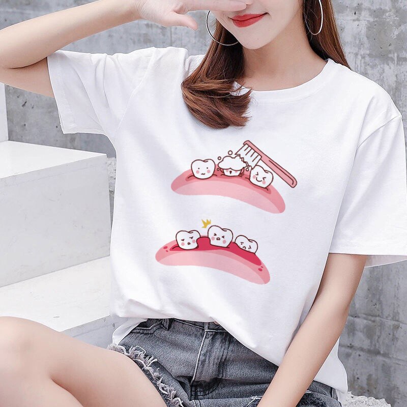 Aesthetic funny tooth dentist women's T-shirt 90s Harajuku Kawaii O-neck T-shirt pattern fashion printing Plus size women shirts