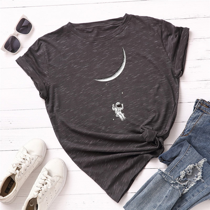 Plus Size S to 5XL TShirt New Moon Astronaut Print Loose Women