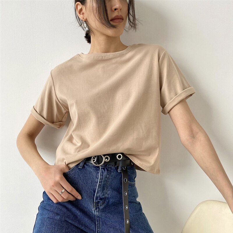 WYWM Summer Women Basic Loose T Shirt Solid Color Oversized Cotton Harajuku Short Sleeve Knitted Tees Korean Casual Female Tops