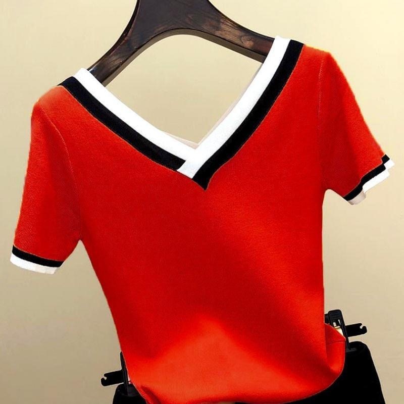 V-Neck T Shirt Women Tshirt Contrast Color Striped Knitted