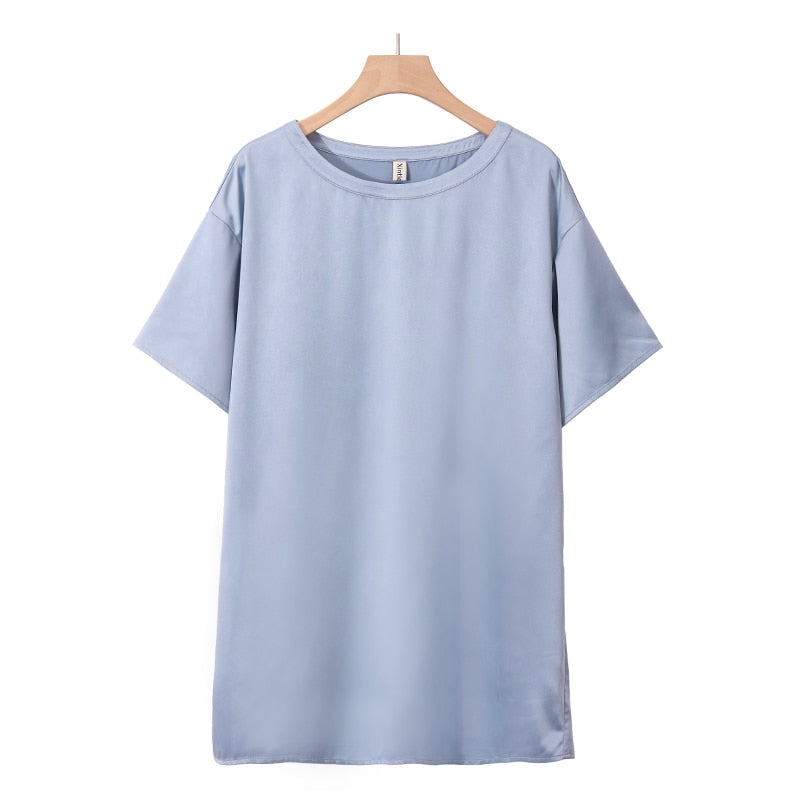 Oversize Satin Women Long T-Shirts Fashion Casual Loose O Neck