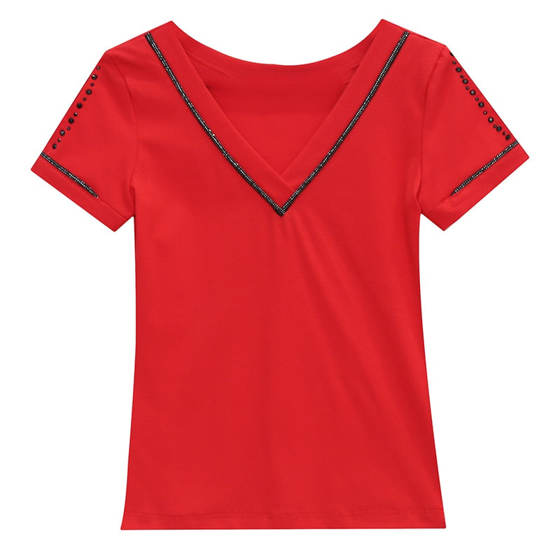 Summer Fashion Korean Clothes T-shirt V-Neck Diamonds