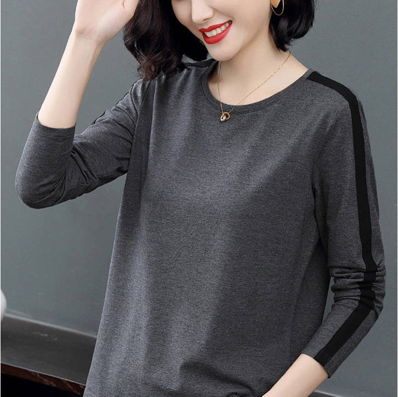 Women T-shirt Girl Casual Patchwork Color Block O-neck Long Sleeve