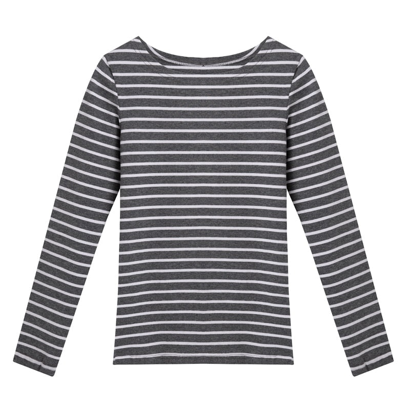 Basic Striped T-shirt Women Casual Cotton Stretchy Long Sleeve Spring Autumun Tops Tee Plus Size S-5XL Casual T01301B