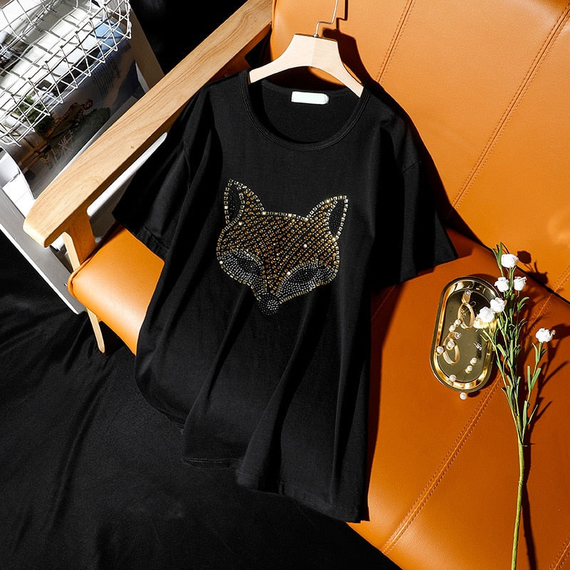 Summer Women's clothing fashion hot drilling fox printing short-sleeved