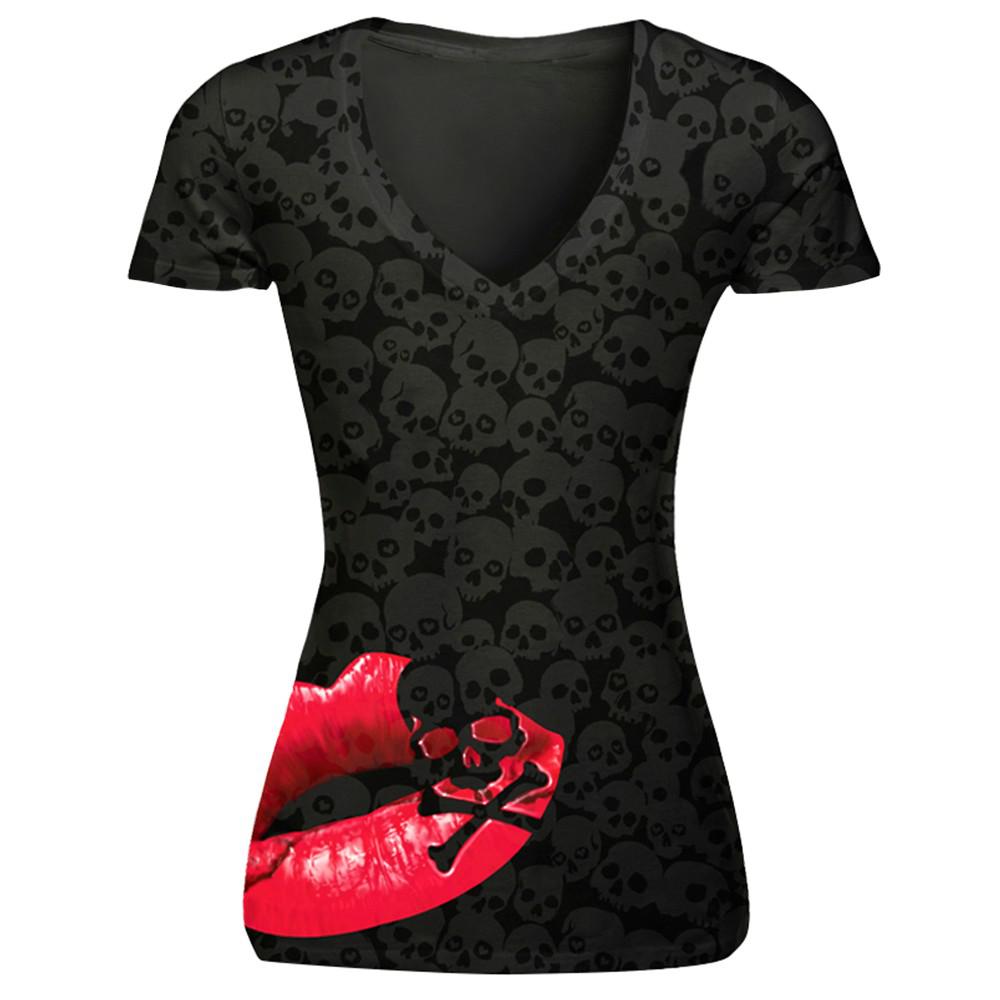 Free Shipping T-shirt Women Casual Comfortable V-neck Shirts Women Top Tees Red Mouth Black Skull Prints Short Sleeve