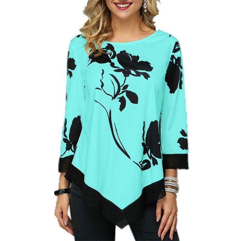 Women T-Shirt Elegant Floral Print Loose Three Quarter