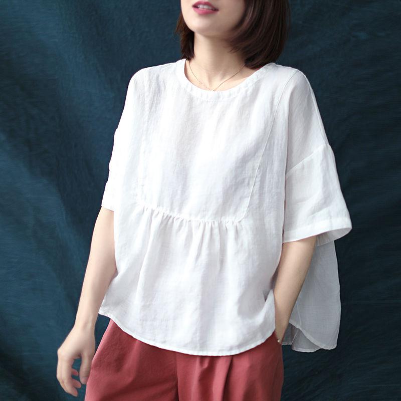 Summer New Arts Style Women Short Sleeve Loose T-shirt All-matched Casual Cotton Linen O-neck Tee Shirt Femme Tops M171