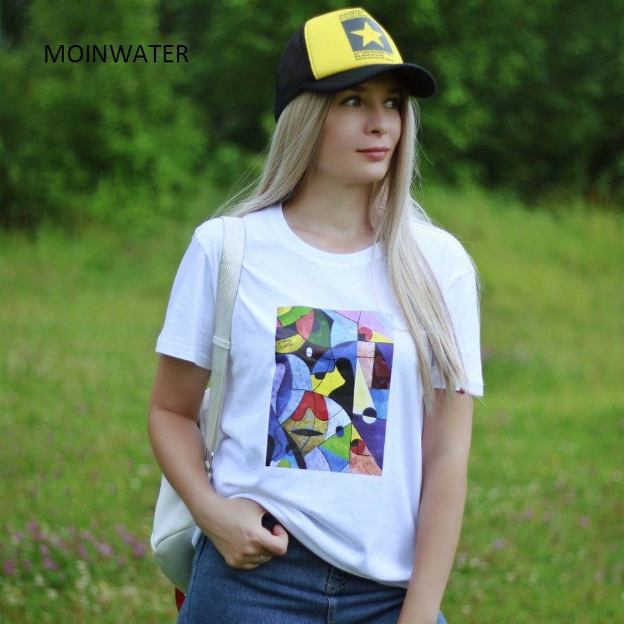 MOINWATER Brand New Women Colorful Print T shirts White Black Cotton Tees Lady High Street Comfortable Casual Tops MT1978