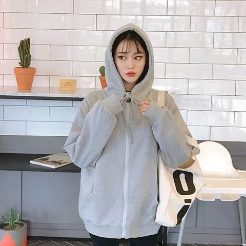 Hoodies women zipper kangaroo pocket casual loose solid color sweatshirt female