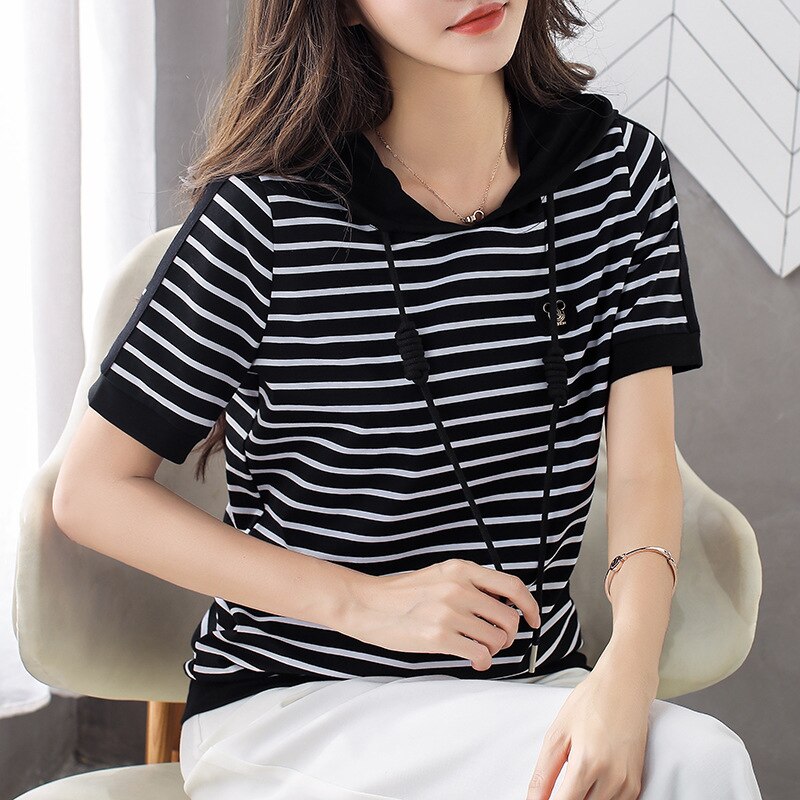 Women's Short Sleeve 2020 New Large Size Loose Striped Hooded T Shirts Summer T-shirt Tops Tee Fashion Clothes For Ladies AE0008