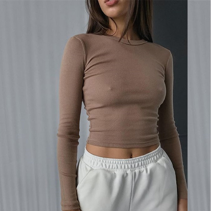 Irene O Neck Long Sleeve Shirt Women Ribbed Sexy Cropped