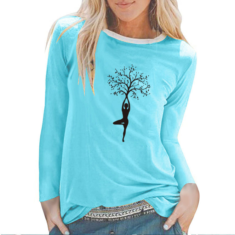 Lady Tree Print Long Sleeve T-shirts Women Autumn Winter Shirts