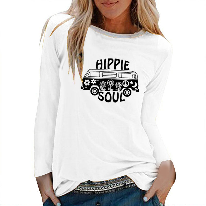 Hippie Soul Car Print Long Sleeve T-shirts Women Autumn Winter 2020 Woman Tshirts Fashion White Crew Neck Graphic Tee Streetwear