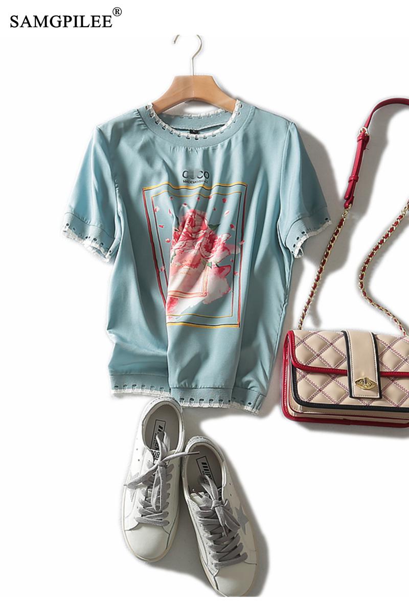 Summer Women T-shirt Office Lady Plus Size Women Tshirt Chiffon Women Summer Clothes Short Sleeve Print O-neck T Shirt For Women