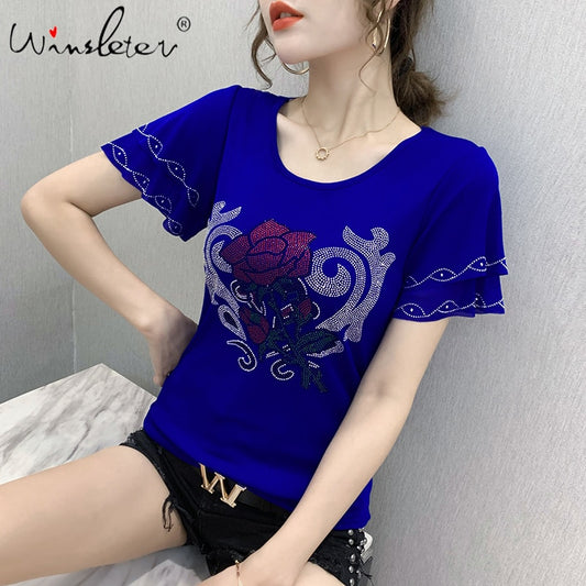 Korean Clothes T-shirt Fashion Diamonds Rose Women Tops