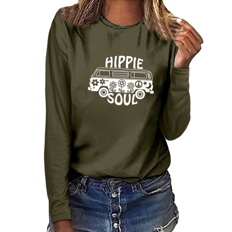 Hippie Soul Car Print Long Sleeve T-shirts Women Autumn Winter 2020 Woman Tshirts Fashion White Crew Neck Graphic Tee Streetwear