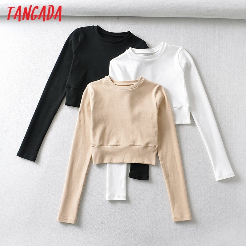 Tangada Women Basic Strethy Crop Cotton T Shirt Long Sleeve O Neck Tees Ladies Casual Tee Shirt Street Wear Top CH7