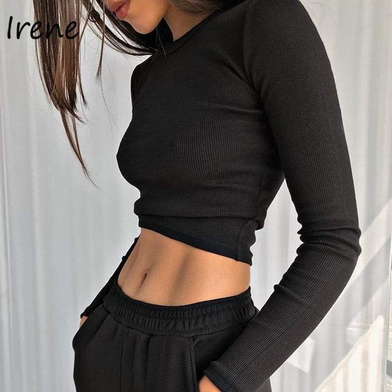 Irene O Neck Long Sleeve Shirt Women Ribbed Sexy Cropped