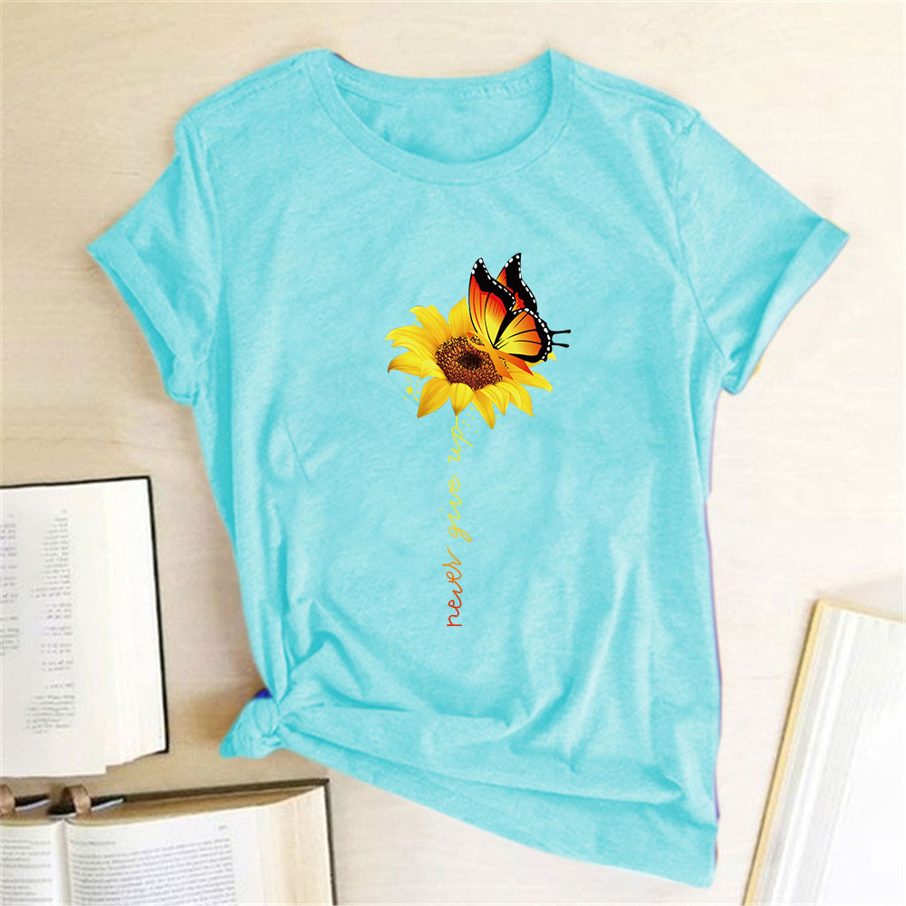 Aesthetic Cotton T Shirt Women Harajuku Graphic Tees Shirt Femme Sun Flower Butterfly White Women's T-shirt Never Give Up Tshirt