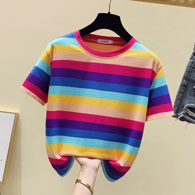 Girls Rainbow Striped Cotton Tshirt Women Tops Fashion