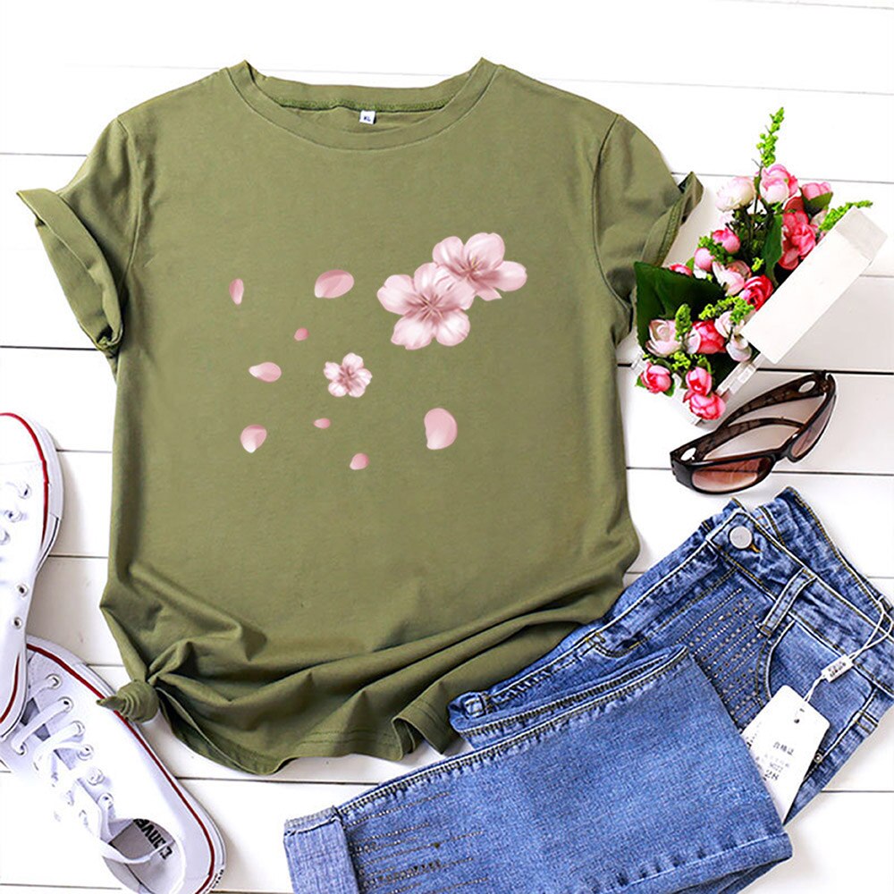 Fashion Cherry Blossom T Shirt Women Short Sleeve Tshirts Cotton Women O-neck Loose Tee Shirt Femme Black Camisetas Mujer