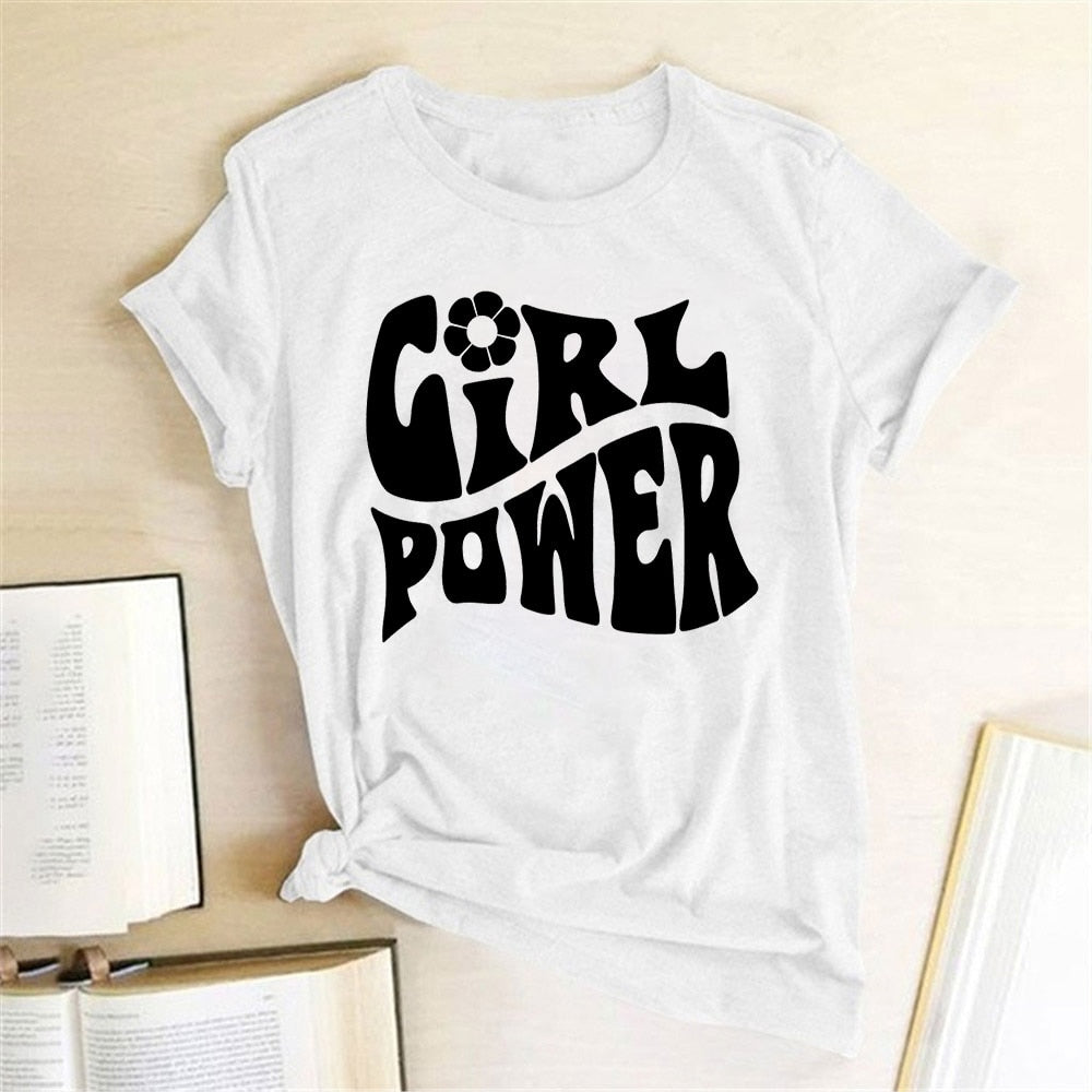 Harajuku Tees Tops Girl Power Letter Print T Shirt Women Short Sleeve Crewneck Summer Fashion Clothes Women T Shirt Ropa Mujer