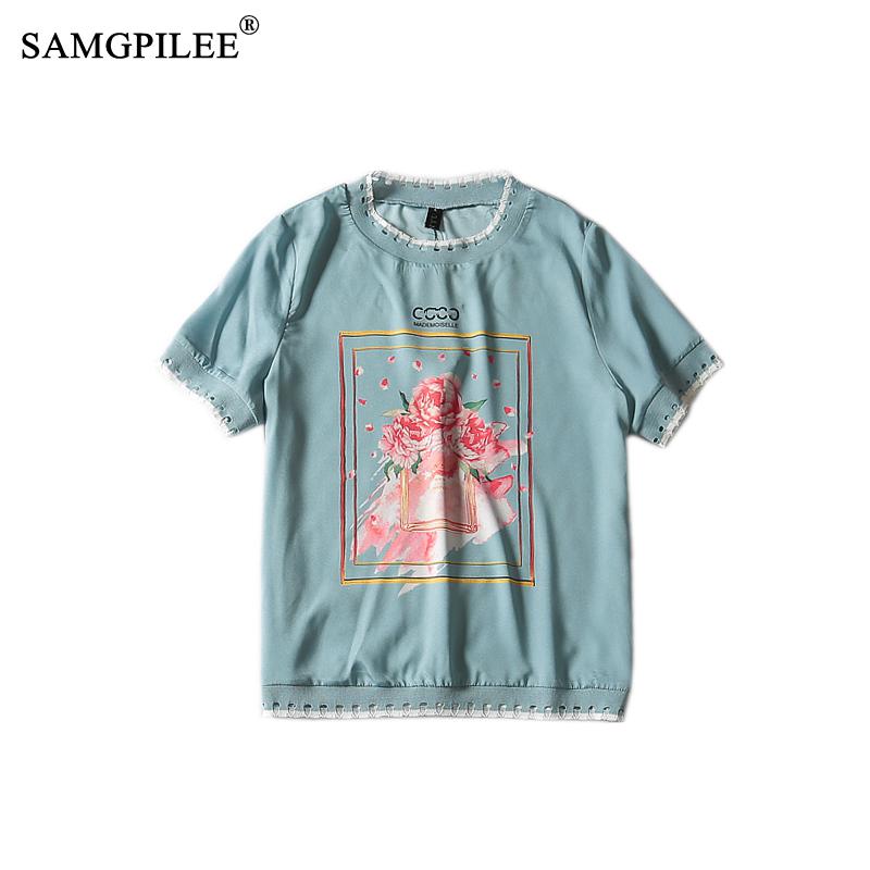 Summer Women T-shirt Office Lady Plus Size Women Tshirt Chiffon Women Summer Clothes Short Sleeve Print O-neck T Shirt For Women