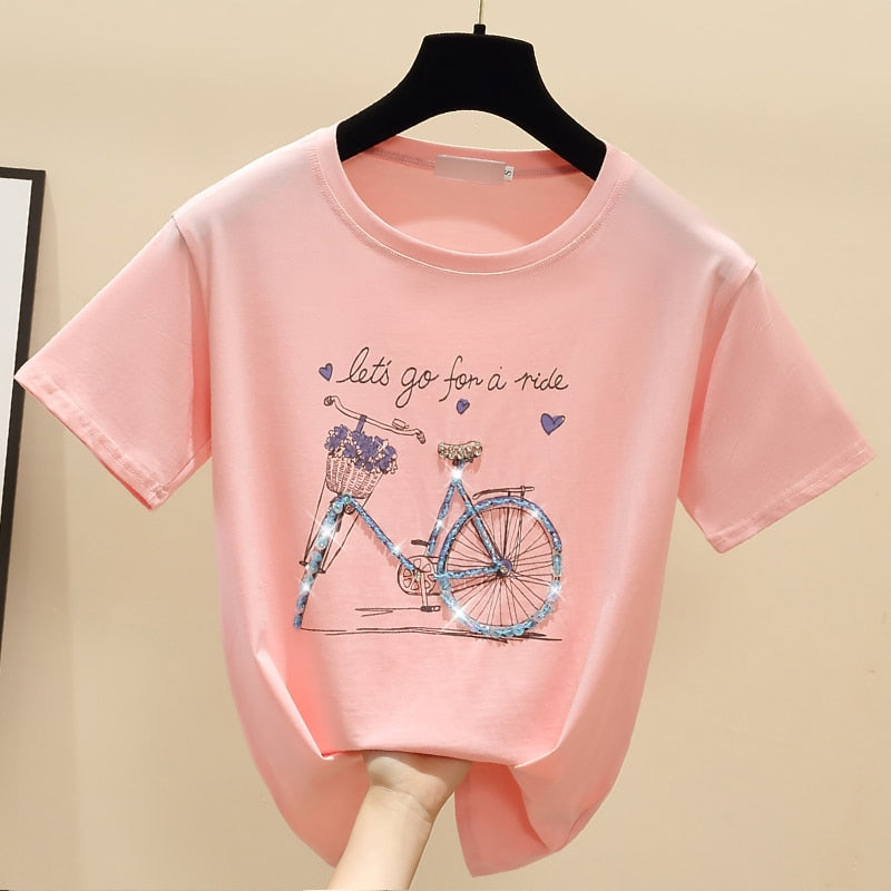 gkfnmt Beading Print Pink T Shirt Summer Short Sleeve Women Top White Tshirt Cotton Korean Style T-shirt Women Clothes