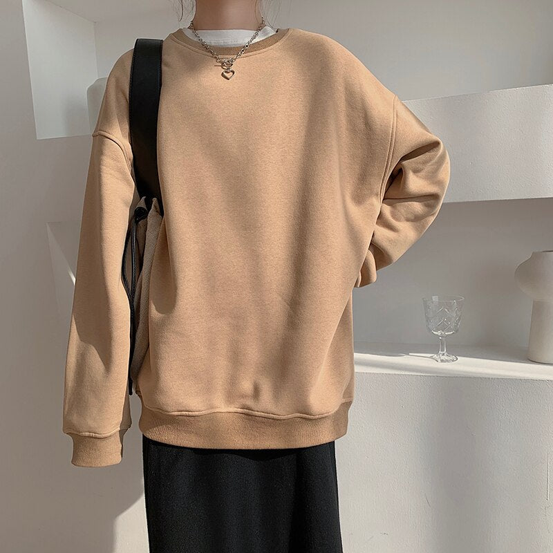 Spring Fleece Thick Sweatshirt Vintage Solid Warm O Neck Pullover