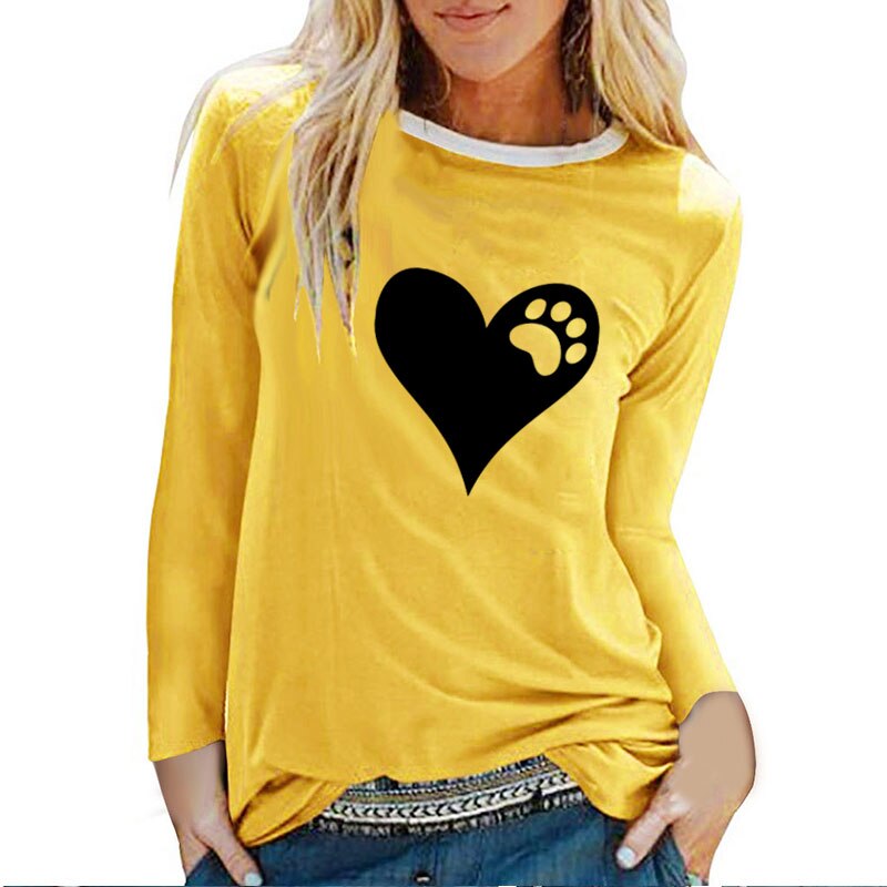 Heart Bear Paw Print Long Sleeve T-shirts Women Autumn