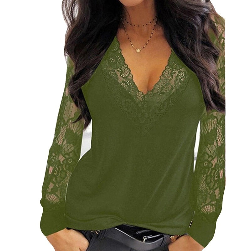 Casual V-neck Lace Long Sleeve T-shirt for Women Spring Winter