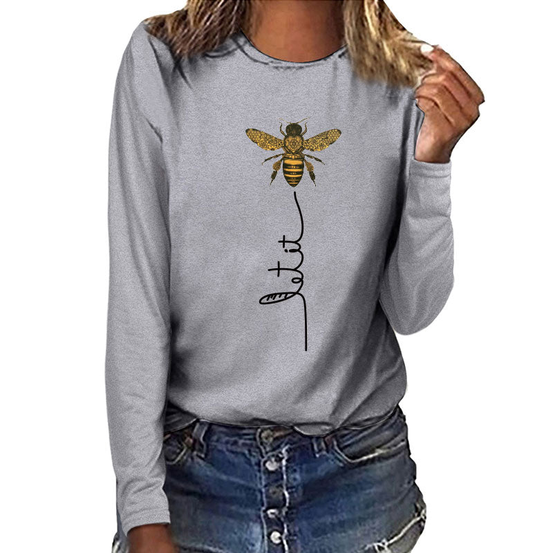 Bee Printing T-shirts Women Long Sleeve Graphic Tees Streetwear White Round Neck Aesthetic Clothes Fashion Tops for Women Ladies