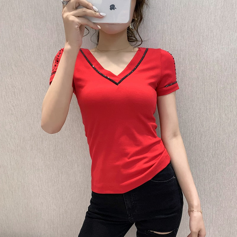 Summer Fashion Korean Clothes T-shirt V-Neck Diamonds