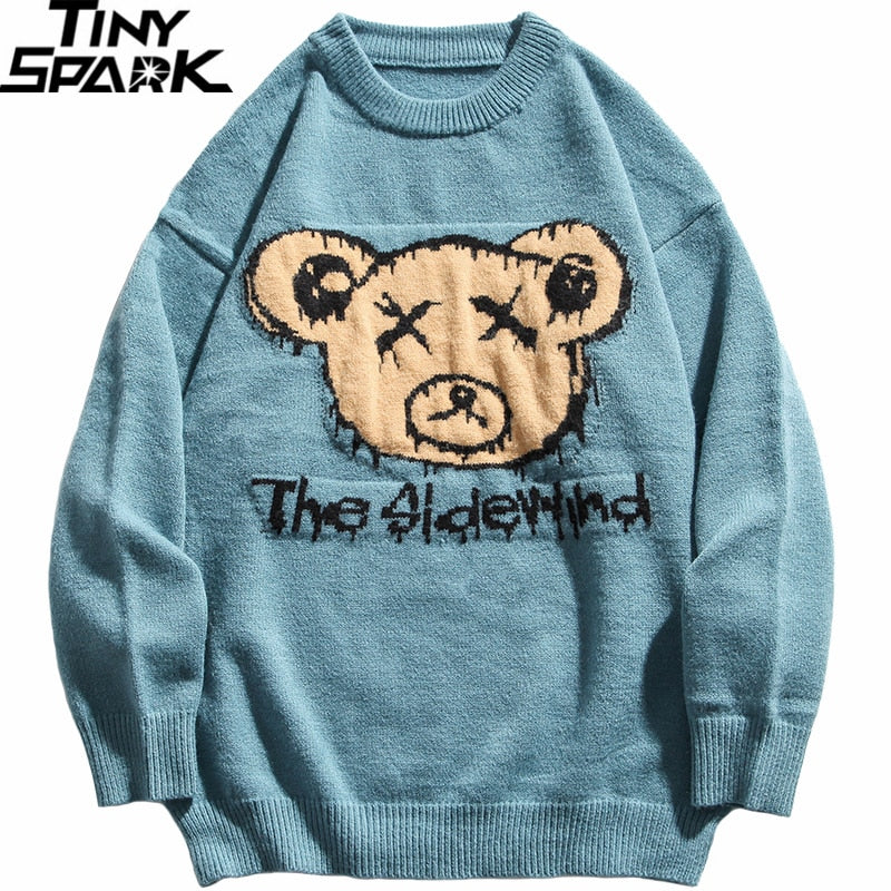 Men Hip Hop Streetwear Knitted Sweater Funny Bear Sweater Jumper