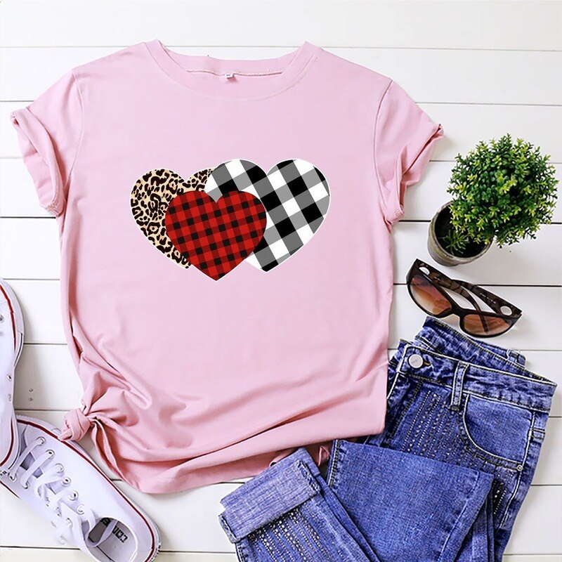 JCGO Summer Women T Shirt Cotton Plus Size 5XL Cute Plaid Heart Print Graphic Tees Tops Short Sleeve O-Neck Casual Woman Tshirts