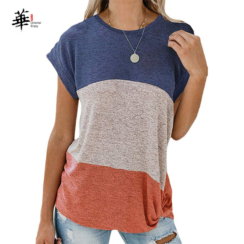 Ladies T-Shirt Women Plus Size Casual Cotton Loose O-Neck Bat Sleeve Splice Summer Tops Fashion T-Shirt