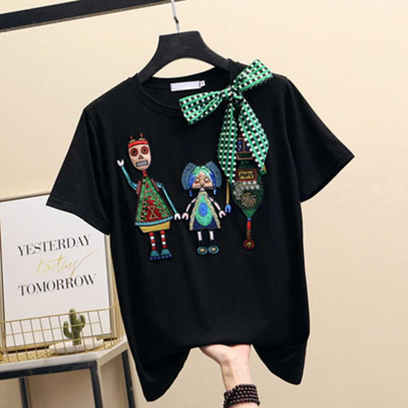 Women Luxurious Embroidery Sequins Cartoon T Shirt Lady O-neck Short Sleeve Bow Tee Shirt Cotton Casual Tshirt Summer Female Top