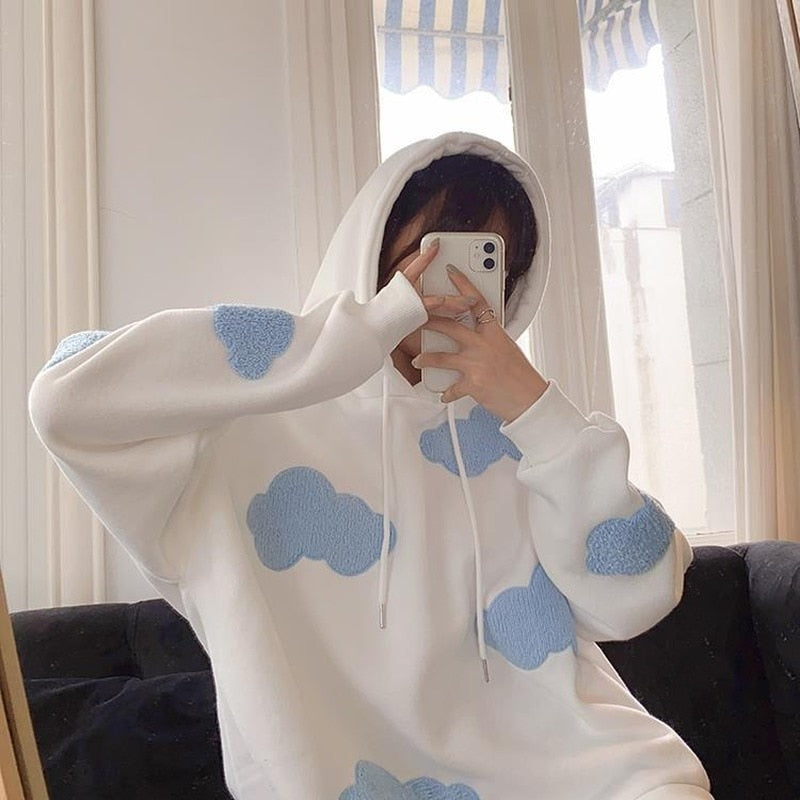 Korean Sweatshirt Women Winter Fashion Clouds Pullover Plus Velvet